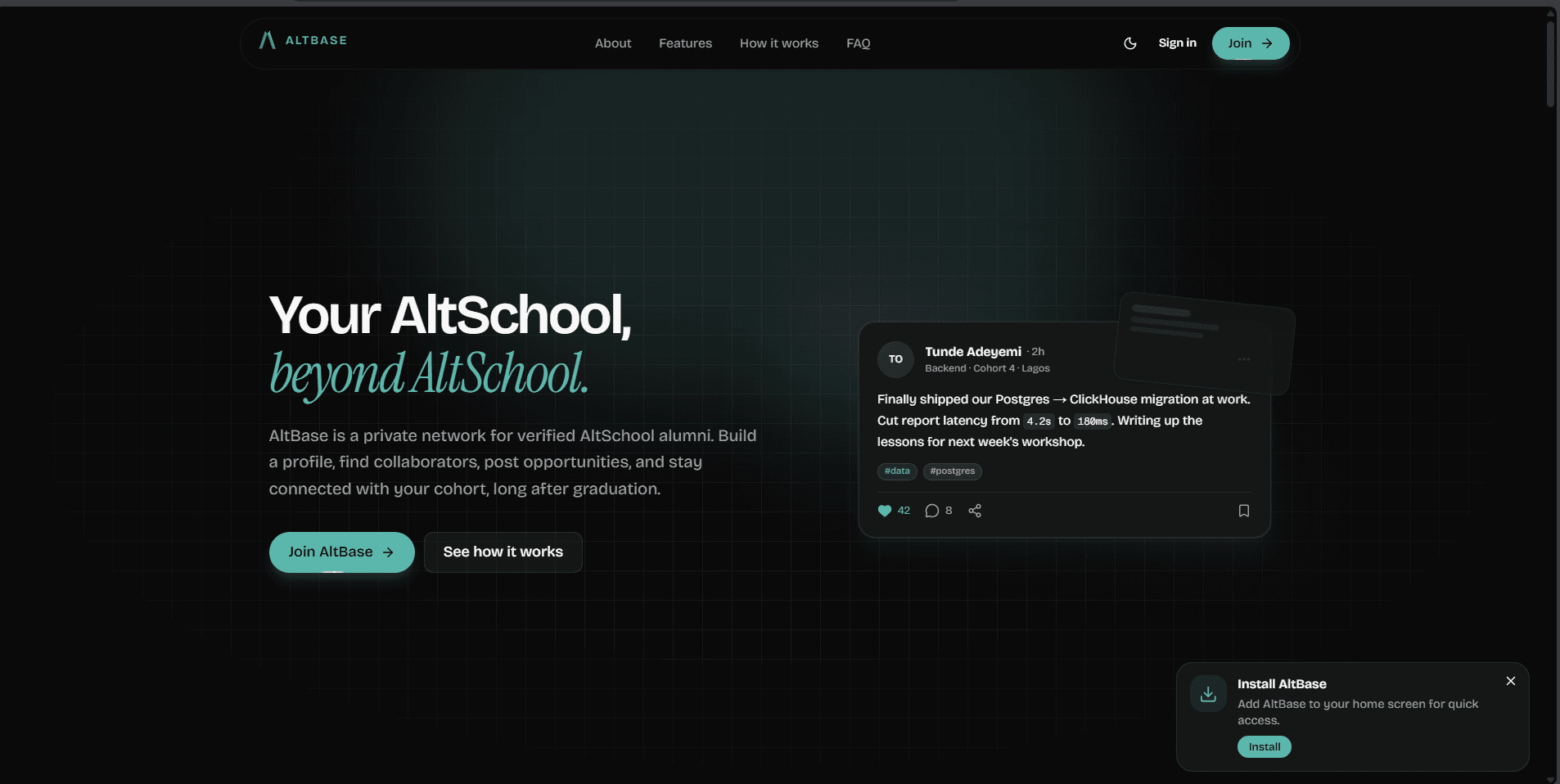 AltBase alumni platform interface