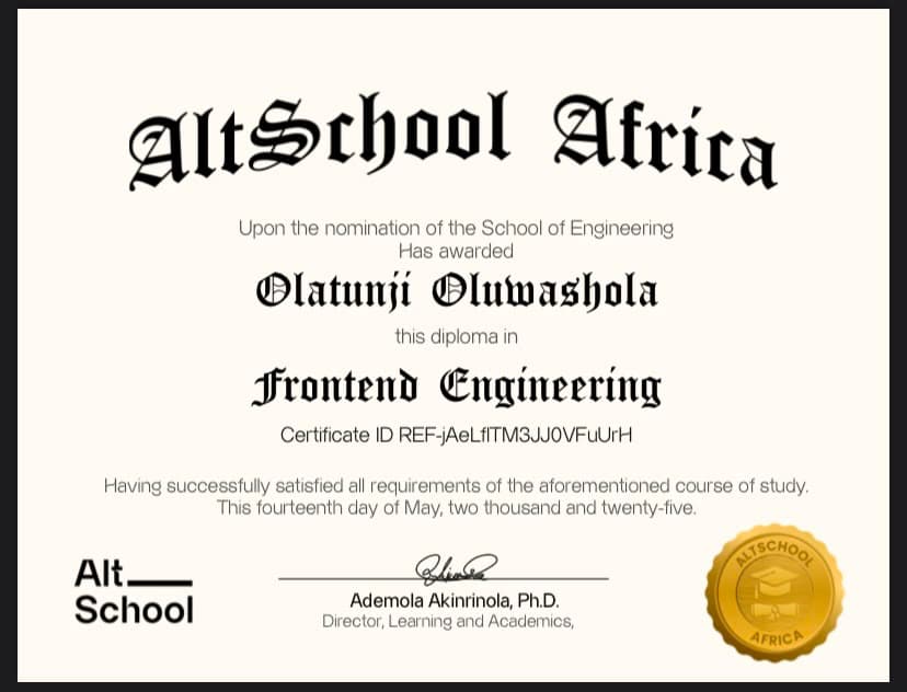 AltSchool Africa frontend engineering certificate