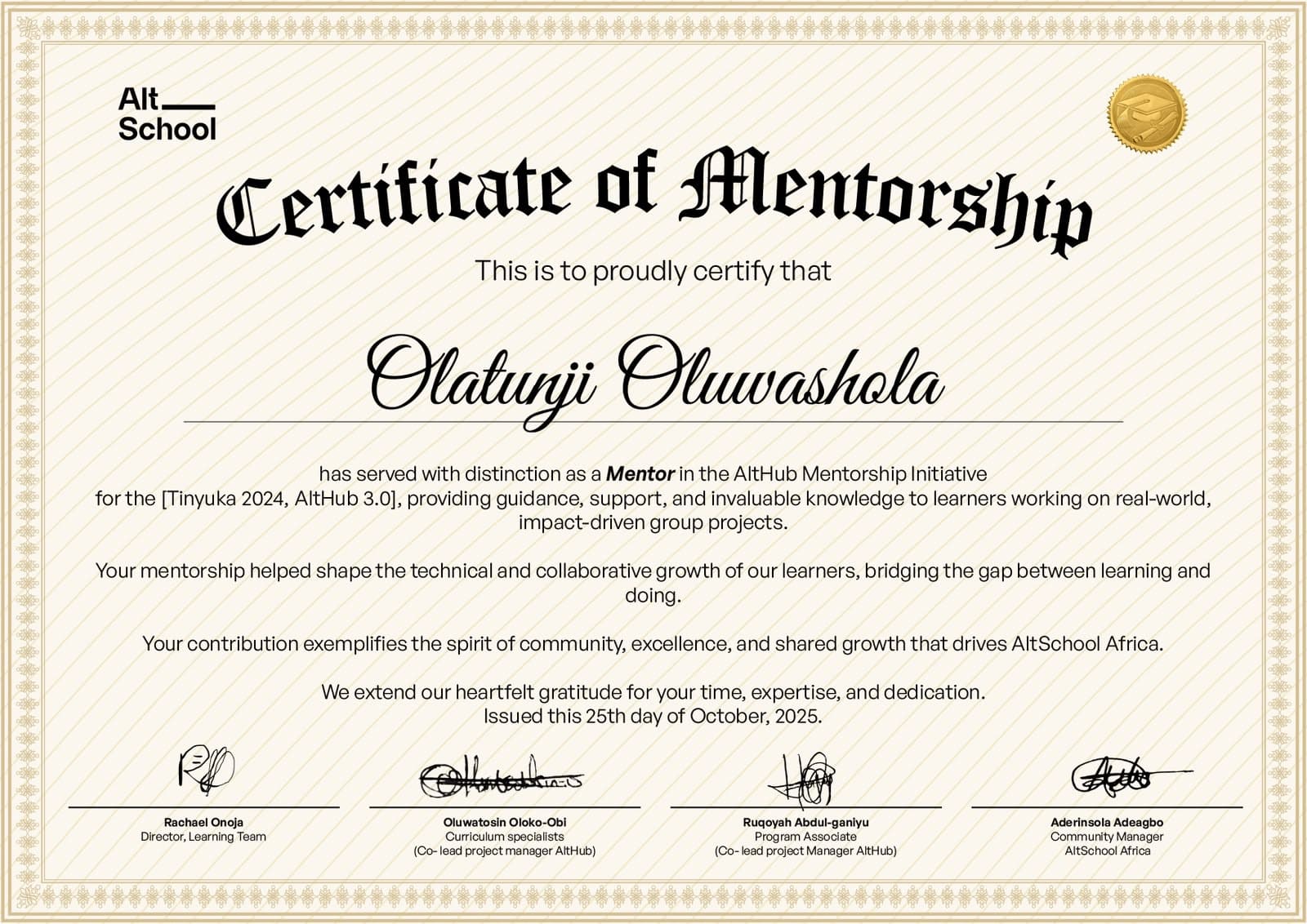 AltSchool Africa mentorship certificate